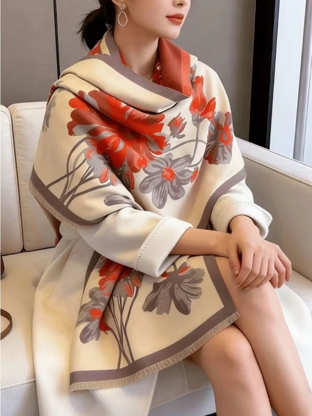 Luxury Floral Print cashmere wool blend Women's Scarf in Cream and Coral